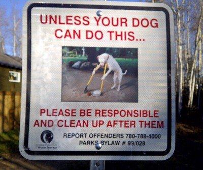 funny sign dog scooping poop