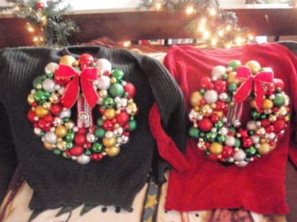 His and Hers matching sweaters with ornament wreaths