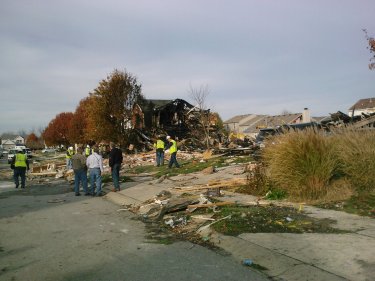 The morning after the homes burned down from fire from explosion.