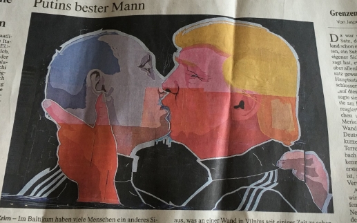 trump and Putin locked in a passionate kiss